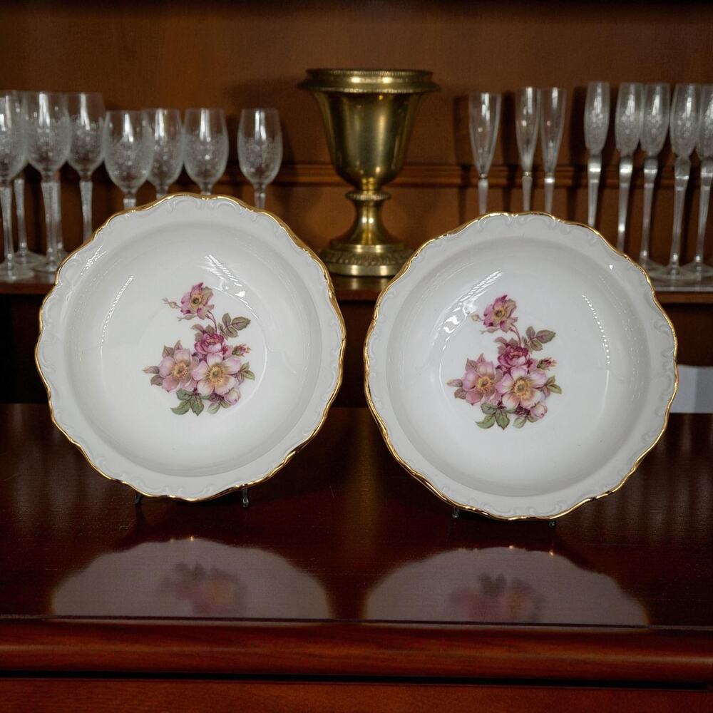 2 Schumann Arzberg Briar Rose Dessert Bowls Bavaria Germany Gold Trim 1950s